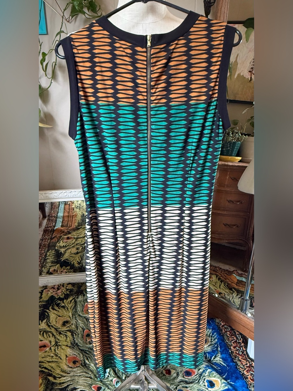 Julian Taylor Fit & Flare Dress Black Geometric Teal, Rust Cream, Size 14 - Picture 11 of 11